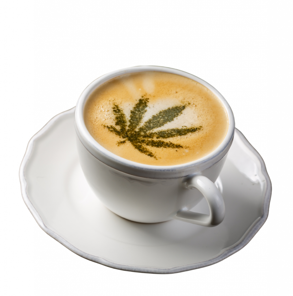 eine Tasse Kaffee mit einem CBD-Symbol, um anzuzeigen, dass sie CBD enthält